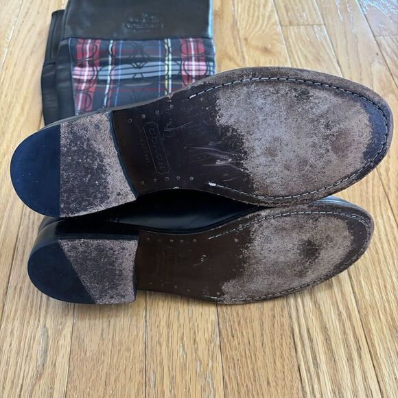 COACH CHRISSI SIGNATURE BLACK Leather Plaid Knee High Riding Boots Sz 7 - Picture 7 of 12